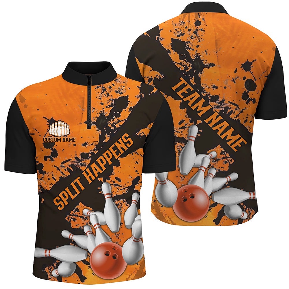 Split Happens Funny Unisex Orange Strike Bowling Shirts For Bowling Team, Bowling Apparel, Custom Bowling Team Jersey Shirt