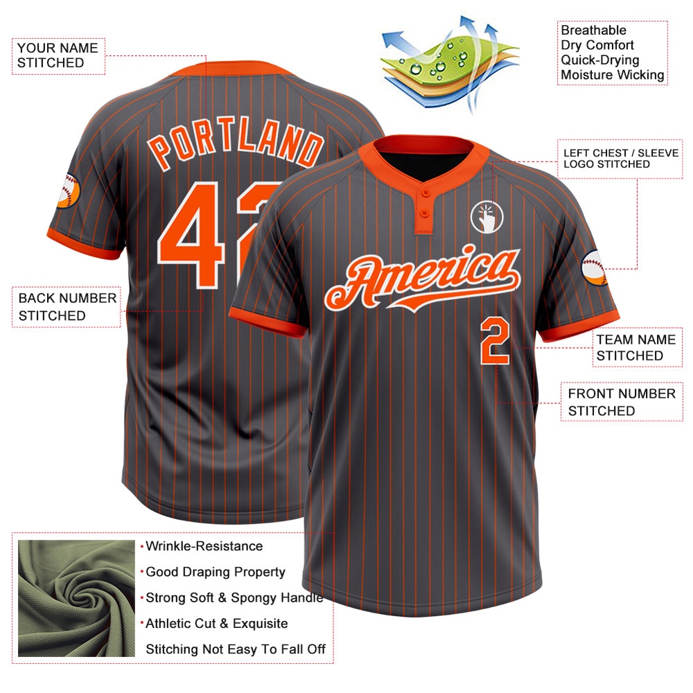 Steel Gray Orange Pinstripe White Two Button Unisex Softball Jersey, Custom Team Softball Jersey