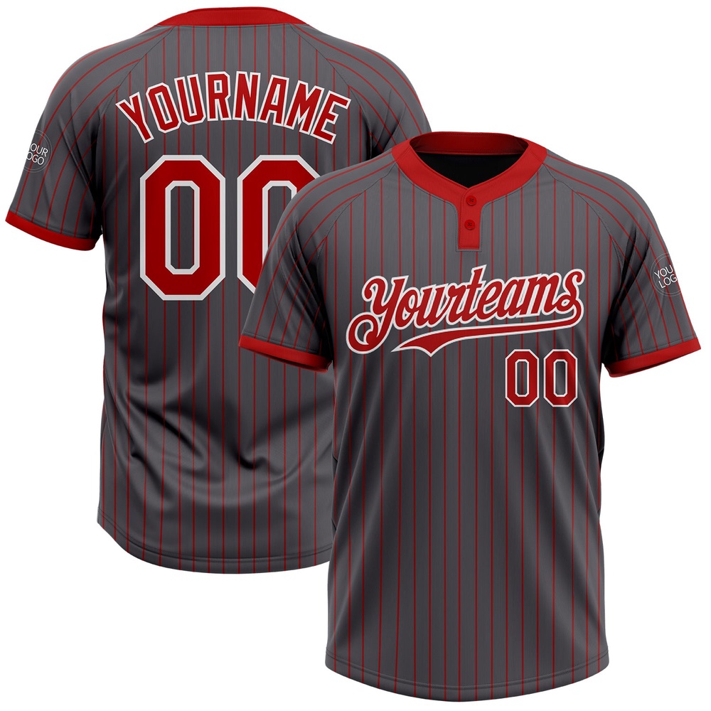 Steel Gray Red Pinstripe White Two Button Unisex Softball Jersey, Custom Team Softball Jersey
