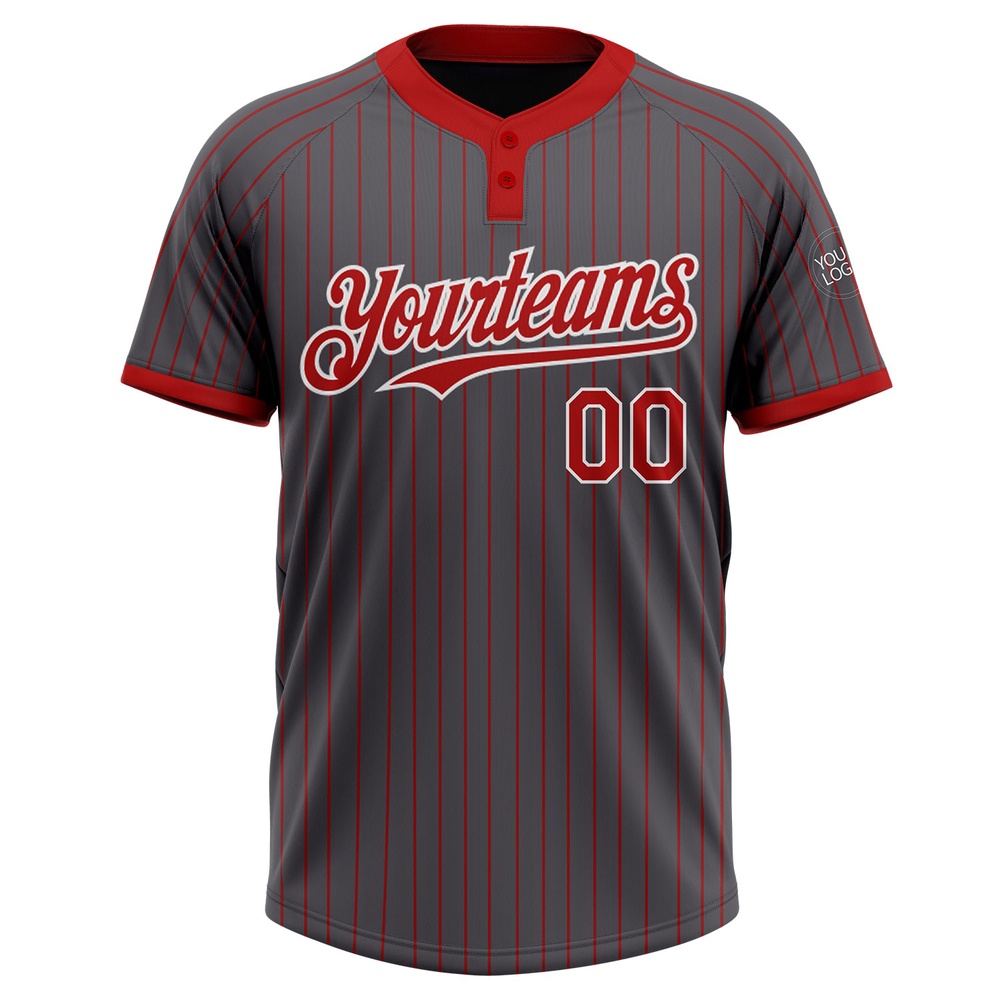 Steel Gray Red Pinstripe White Two Button Unisex Softball Jersey, Custom Team Softball Jersey