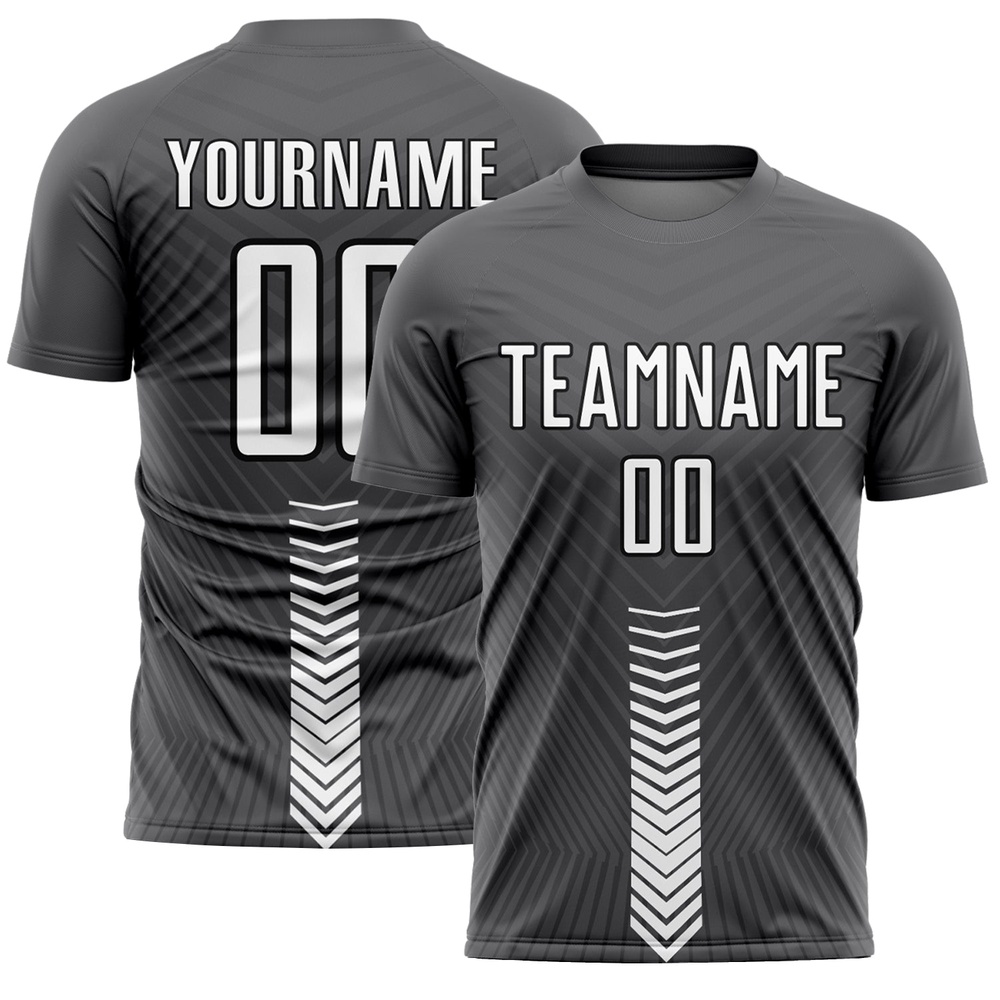 Steel Gray White Black Arrow Shapes Sublimation Soccer Uniform Jersey, Custom Team Soccer Jersey Shirt