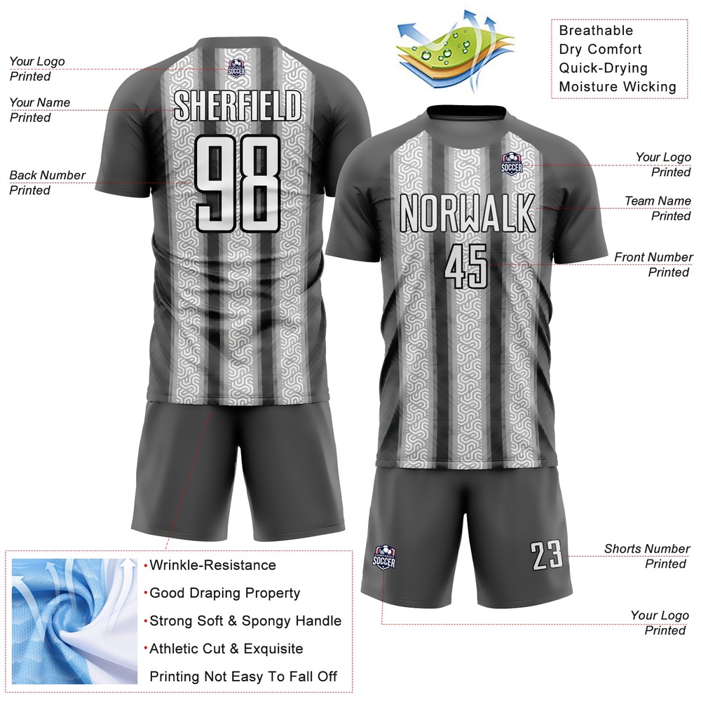 Steel Gray White Black Ethnic Stripes Sublimation Soccer Uniform Jersey, Custom Team Soccer Jersey Shirt