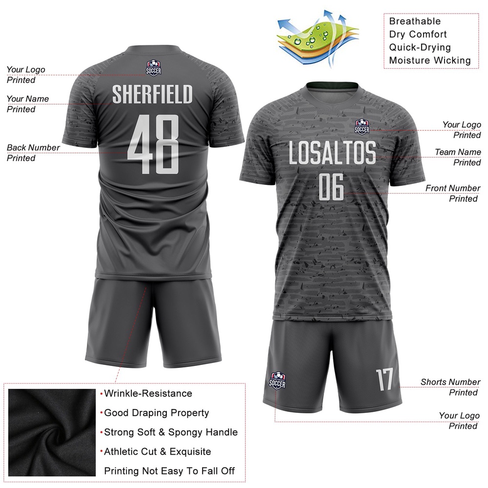 Steel Gray White Sublimation Soccer Uniform Jersey, Custom Team Soccer Jersey Shirt