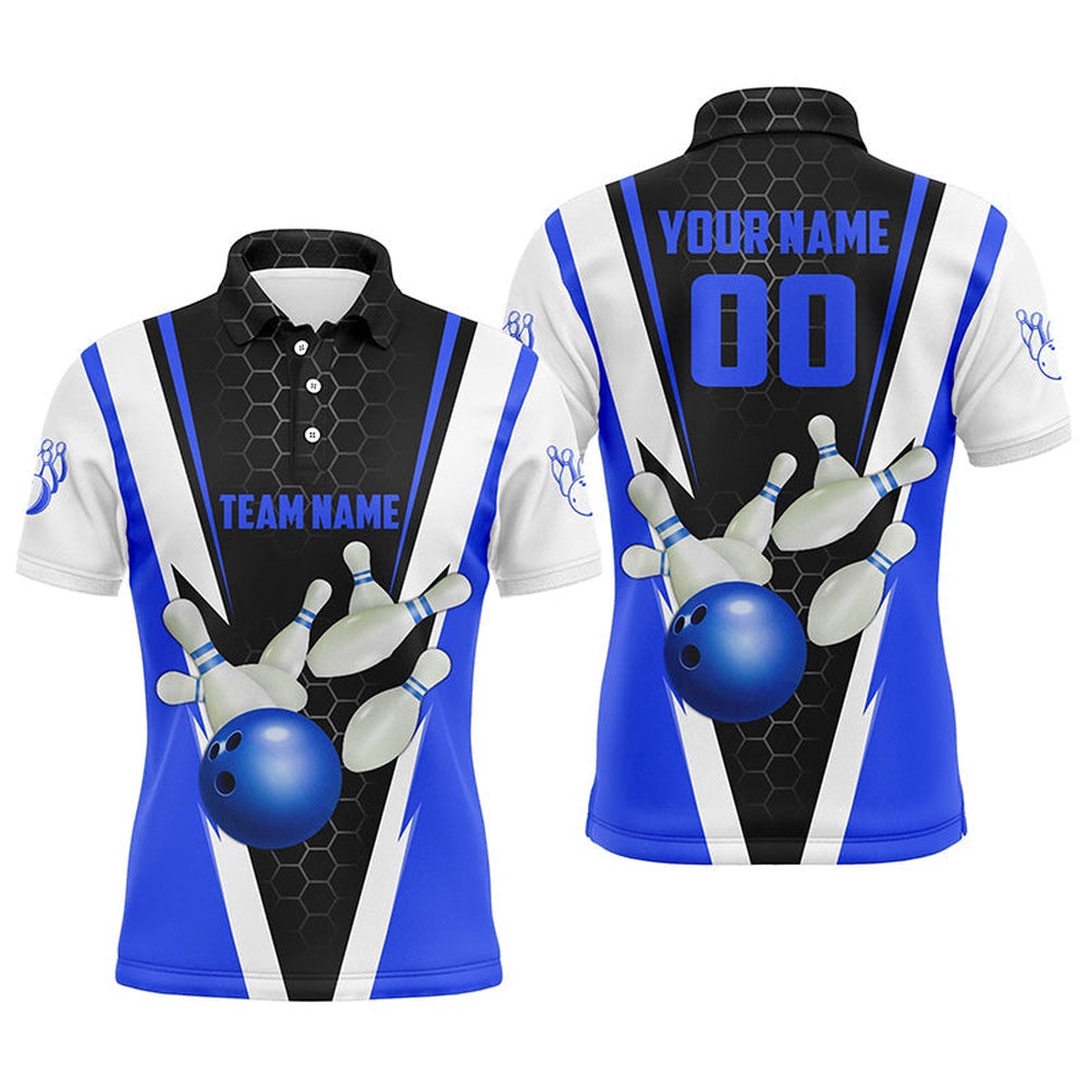Strike Bowling Custom Blue Bowling Polo Shirts For Men, Bowling Team Polo Shirt With Name And Number, Personalized Bowling Team Shirt