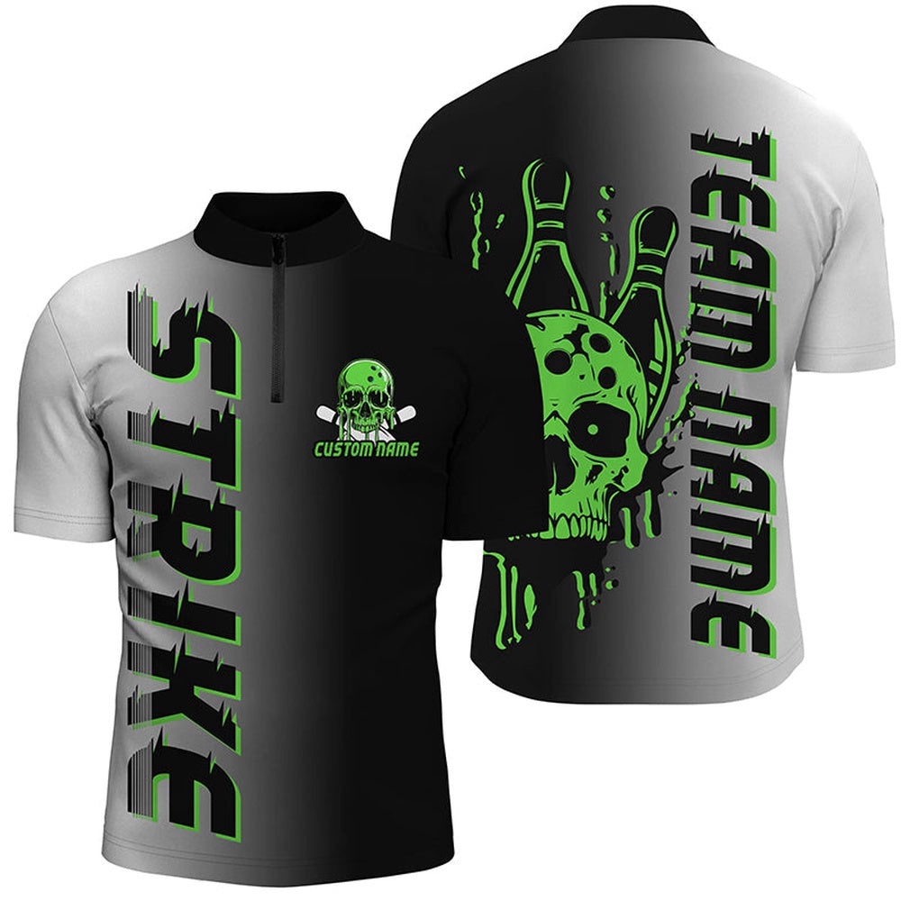 Strike Bowling Team Shirts For Men And Women, Skull Bowling Jersey With Team Name Green, Custom Bowling Team Jersey Shirt