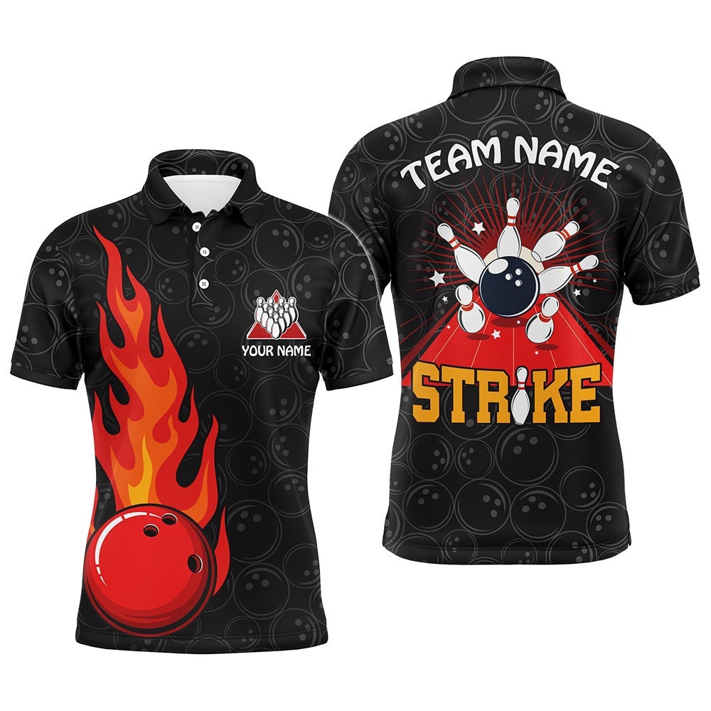 Strike Flame Bowling Shirt For Men Custom Black Bowling Polo Shirt Team Bowling Polo Shirt, Personalized Bowling Team Shirt