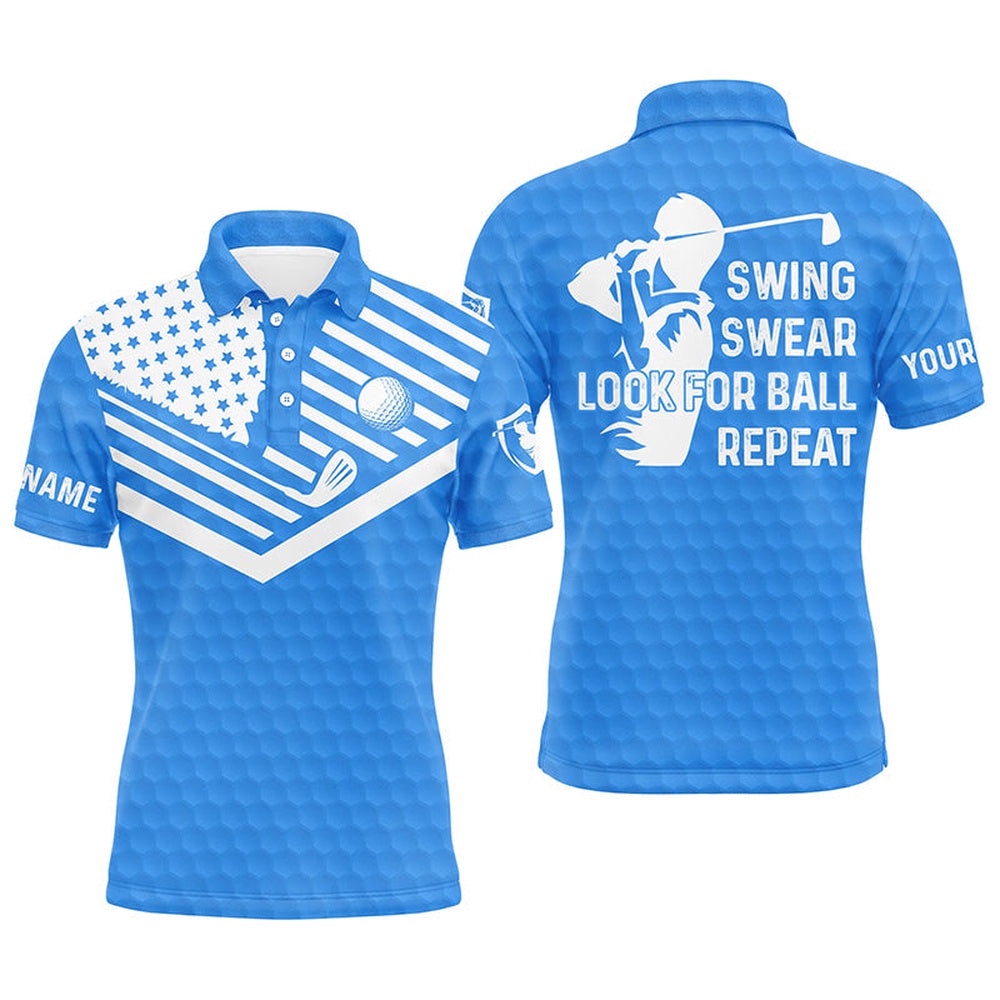 Swing Swear Look For Ball Repeat American Flag Custom Name Team Golf Polo Shirts Blue, Golf Polo Shirt, Golf Shirts