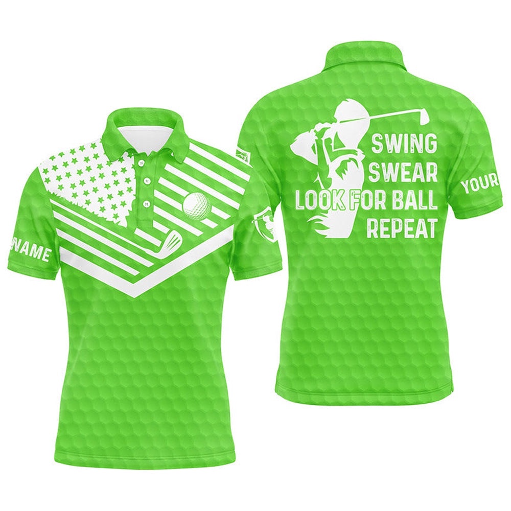Swing Swear Look For Ball Repeat American Flag Custom Name Team Golf Polo Shirts Green, Golf Polo Shirt, Golf Shirts