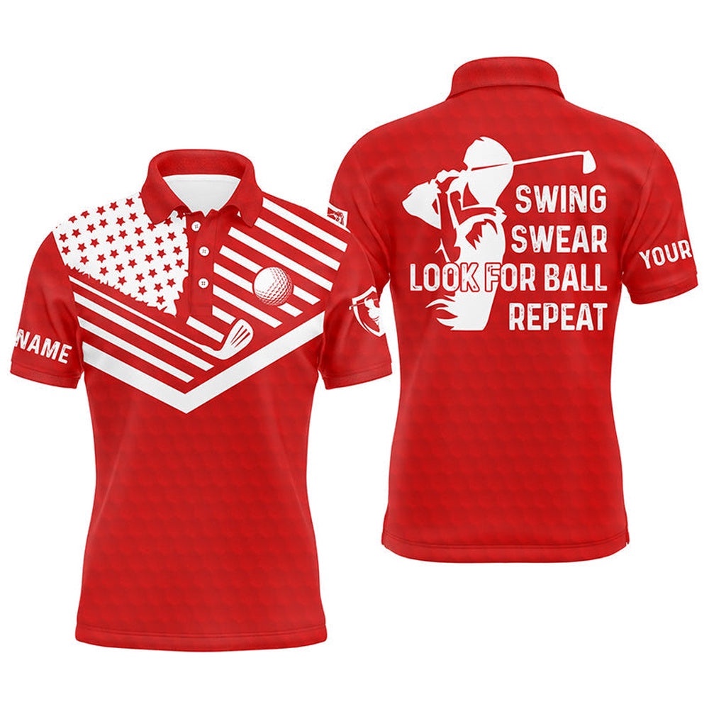 Swing Swear Look For Ball Repeat American Flag Custom Name Team Golf Polo Shirts Red, Golf Polo Shirt, Golf Shirts Swing Swear Look For Ball Repeat American Flag Custom Name Team Golf Polo Shirts Red, Golf Polo Shirt, Golf Shirts