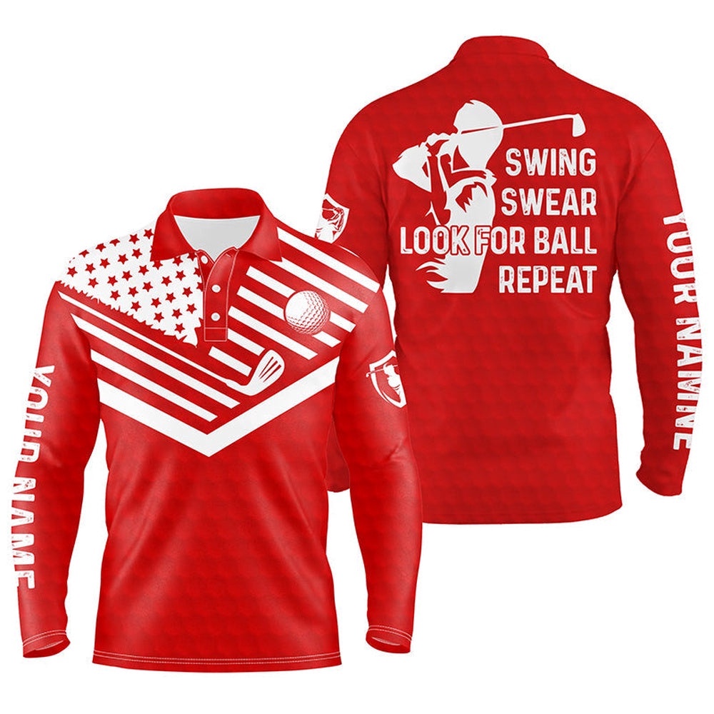 Swing Swear Look For Ball Repeat American Flag Custom Name Team Golf Polo Shirts Red, Golf Polo Shirt, Golf Shirts Swing Swear Look For Ball Repeat American Flag Custom Name Team Golf Polo Shirts Red, Golf Polo Shirt, Golf Shirts
