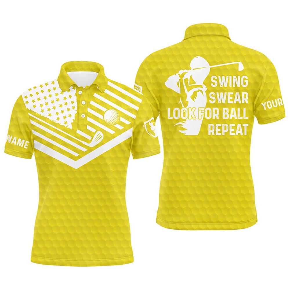 Swing Swear Look For Ball Repeat American Flag Custom Name Team Golf Polo Shirts Yellow, Golf Polo Shirt, Golf Shirts Swing Swear Look For Ball Repeat American Flag Custom Name Team Golf Polo Shirts Yellow, Golf Polo Shirt, Golf Shirts