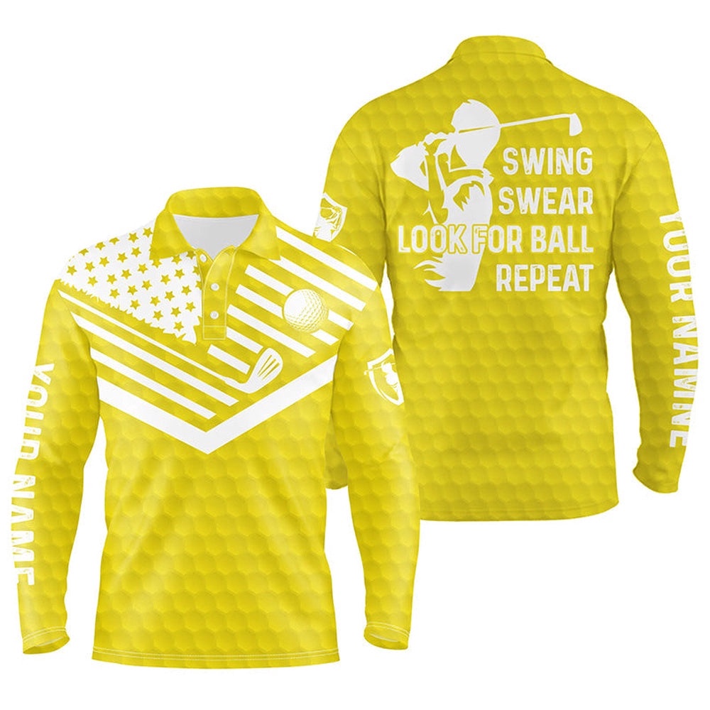 Swing Swear Look For Ball Repeat American Flag Custom Name Team Golf Polo Shirts Yellow, Golf Polo Shirt, Golf Shirts Swing Swear Look For Ball Repeat American Flag Custom Name Team Golf Polo Shirts Yellow, Golf Polo Shirt, Golf Shirts