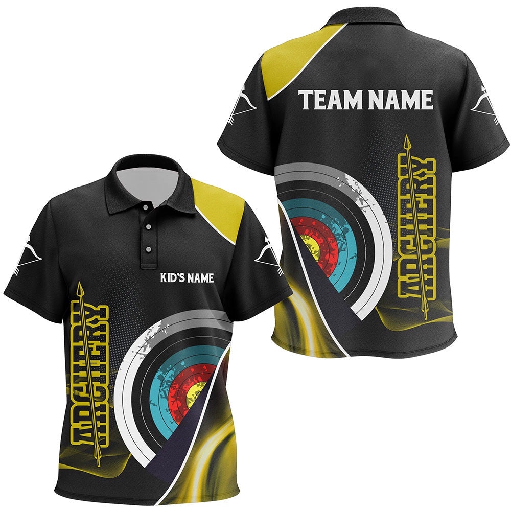 Targets Archery Polo Shirts, Custom Yellow Black Arrow Archery Team Shirts, Custom Archery Team Polo Shirt