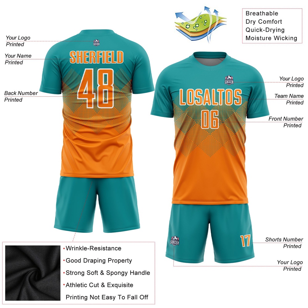 Teal Bay Orange White Sublimation Soccer Uniform Jersey, Custom Team Soccer Jersey Shirt