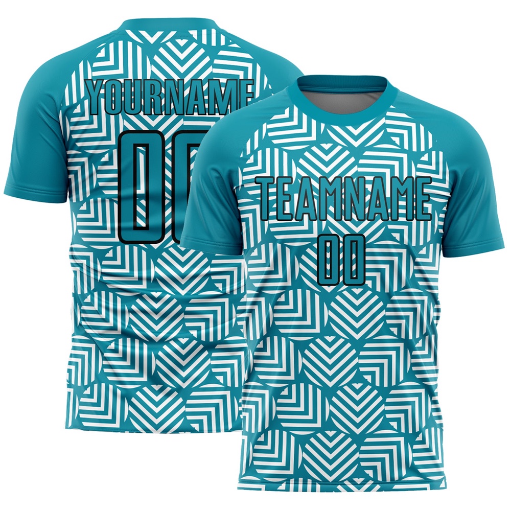 Teal Black Abstract Geometric Shapes Sublimation Soccer Uniform Jersey, Custom Team Soccer Jersey Shirt