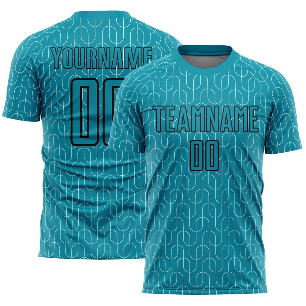 Teal Black Geometric Pattern Sublimation Soccer Uniform Jersey, Custom Team Soccer Jersey Shirt