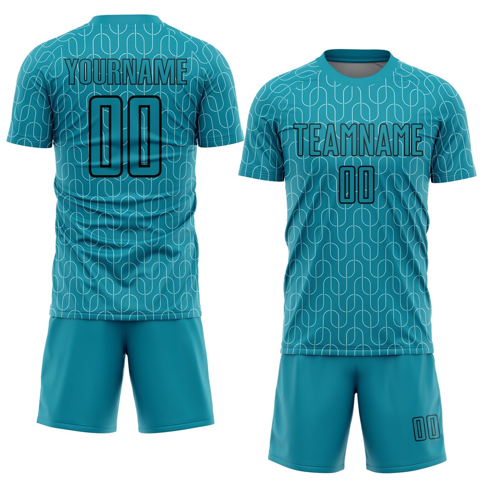 Teal Black Geometric Pattern Sublimation Soccer Uniform Jersey, Custom Team Soccer Jersey Shirt