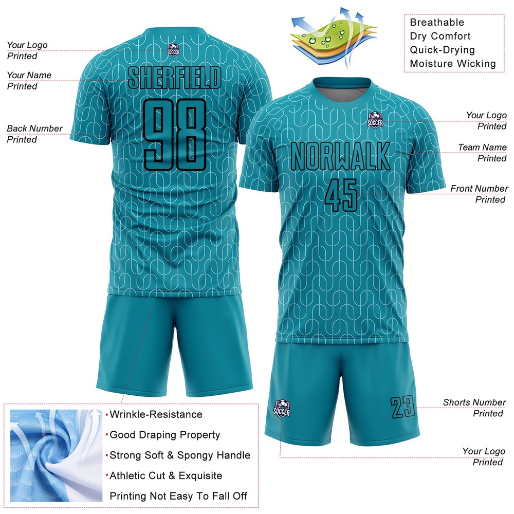 Teal Black Geometric Pattern Sublimation Soccer Uniform Jersey, Custom Team Soccer Jersey Shirt