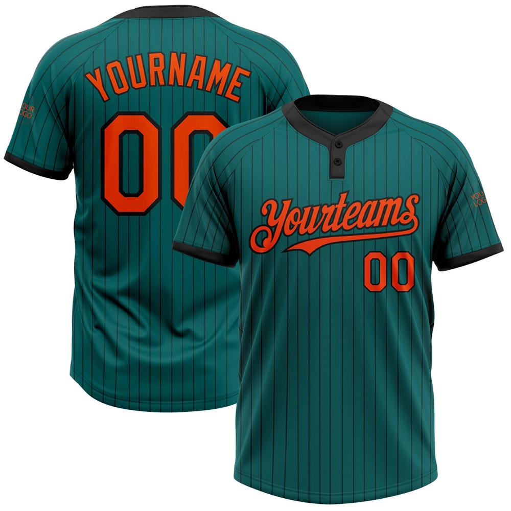 Teal Black Pinstripe Orange Two Button Unisex Softball Jersey, Custom Team Softball Jersey Teal Black Pinstripe Orange Two Button Unisex Softball Jersey, Custom Team Softball Jersey