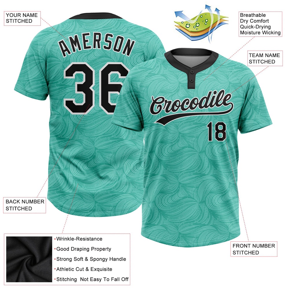 Teal Black White 3D Pattern Two Button Unisex Softball Jersey, Custom Team Softball Jersey