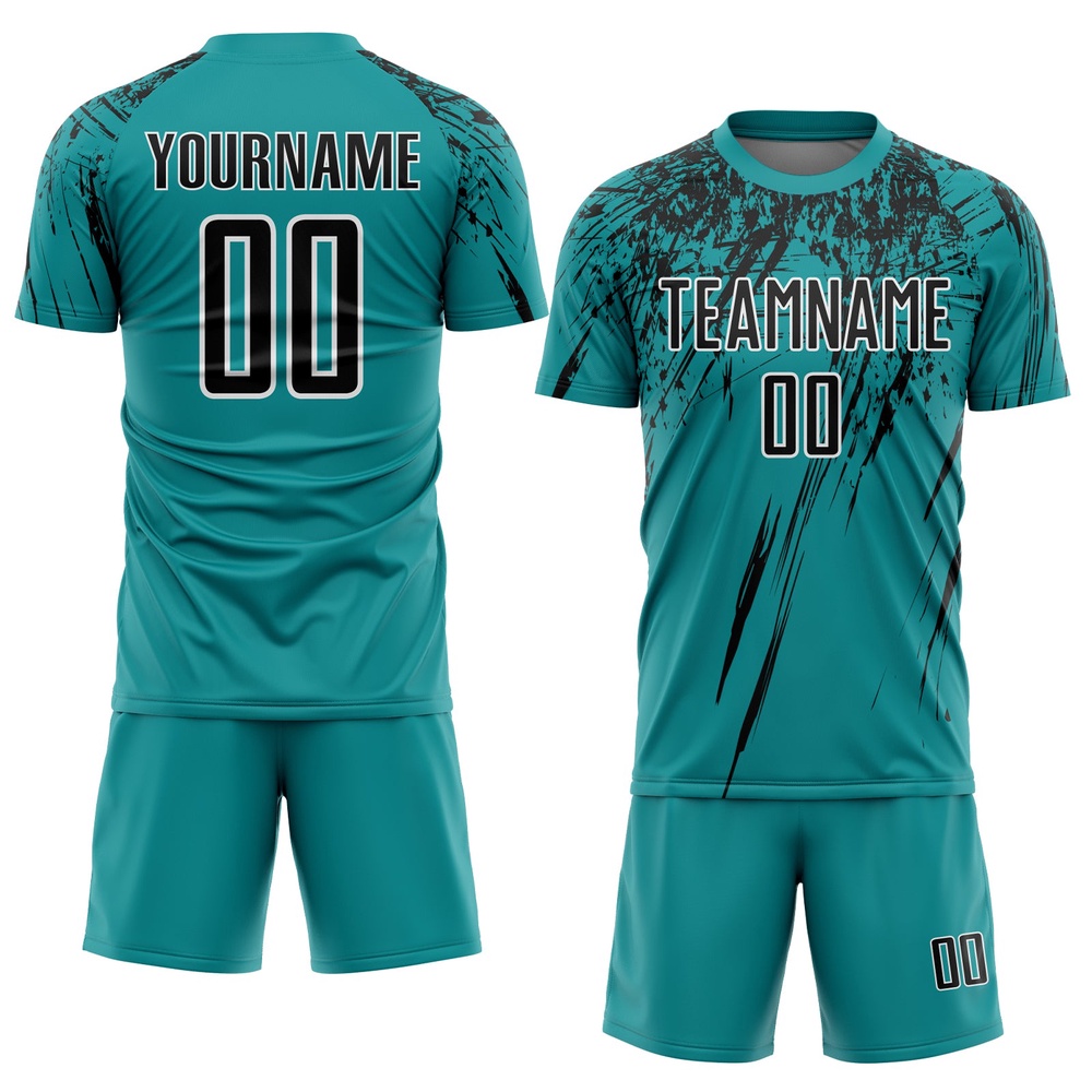 Teal Black White Sublimation Soccer Uniform Jersey, Custom Team Soccer Jersey Shirt