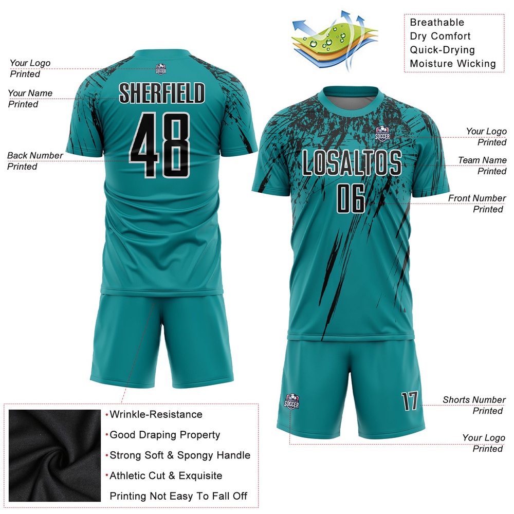 Teal Black White Sublimation Soccer Uniform Jersey, Custom Team Soccer Jersey Shirt