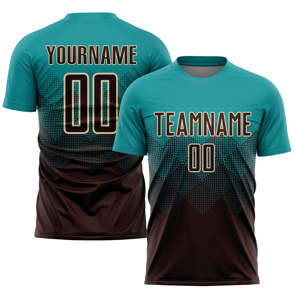 Teal Brown Cream Sublimation Soccer Uniform Jersey, Custom Team Soccer Jersey Shirt
