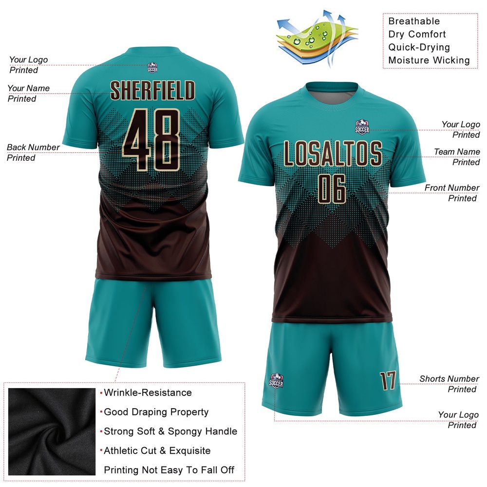 Teal Brown Cream Sublimation Soccer Uniform Jersey, Custom Team Soccer Jersey Shirt
