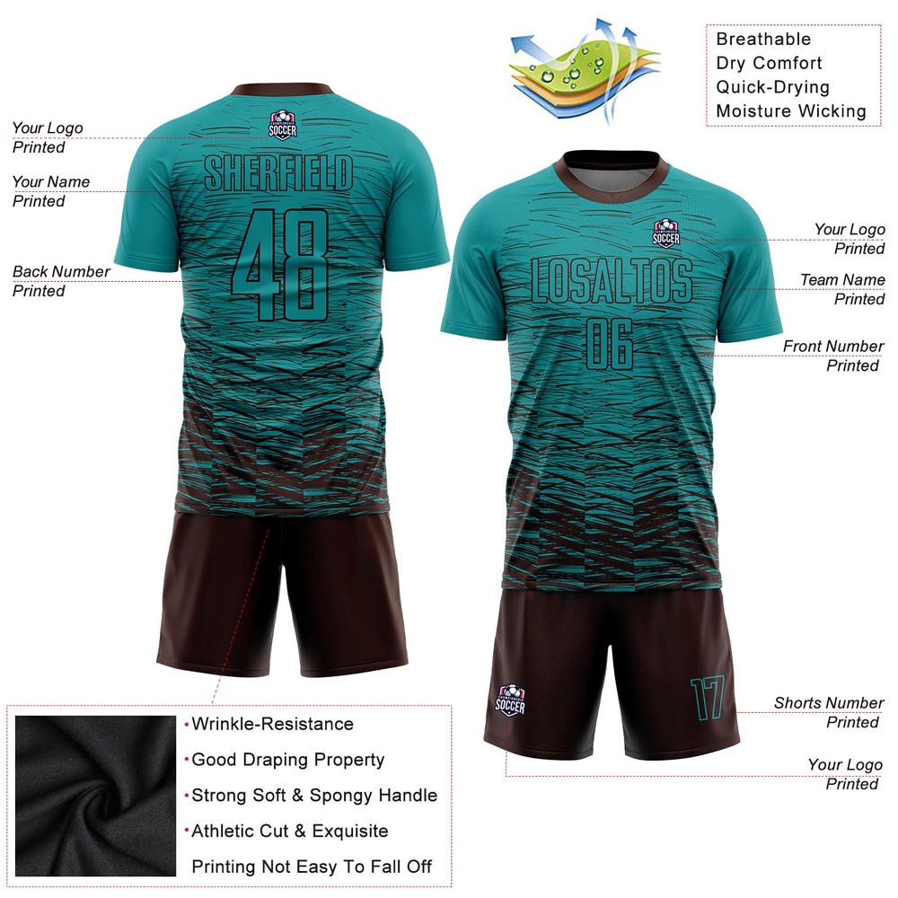 Teal Brown Sublimation Soccer Uniform Jersey, Custom Team Soccer Jersey Shirt