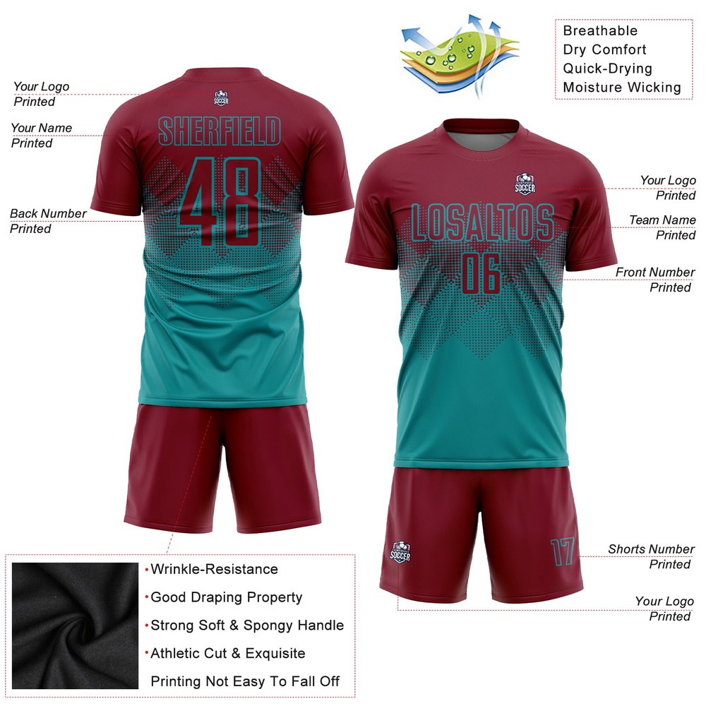 Teal Crimson Sublimation Soccer Uniform Jersey, Custom Team Soccer Jersey Shirt