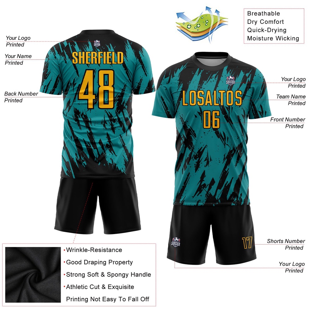 Teal Gold Black Sublimation Soccer Uniform Jersey, Custom Team Soccer Jersey Shirt