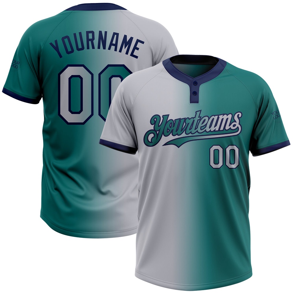 Teal Gray Navy Gradient Fashion Two Button Unisex Softball Jersey, Custom Team Softball Jersey