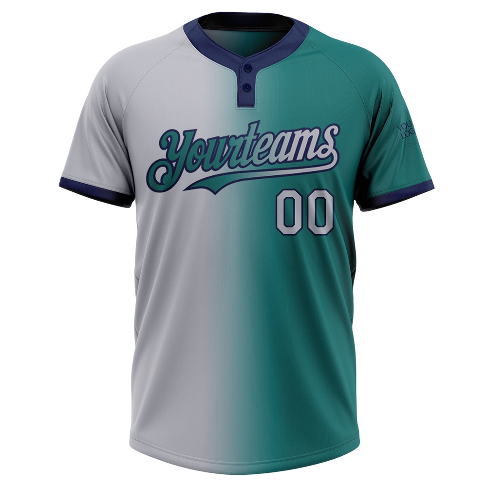 Teal Gray Navy Gradient Fashion Two Button Unisex Softball Jersey, Custom Team Softball Jersey