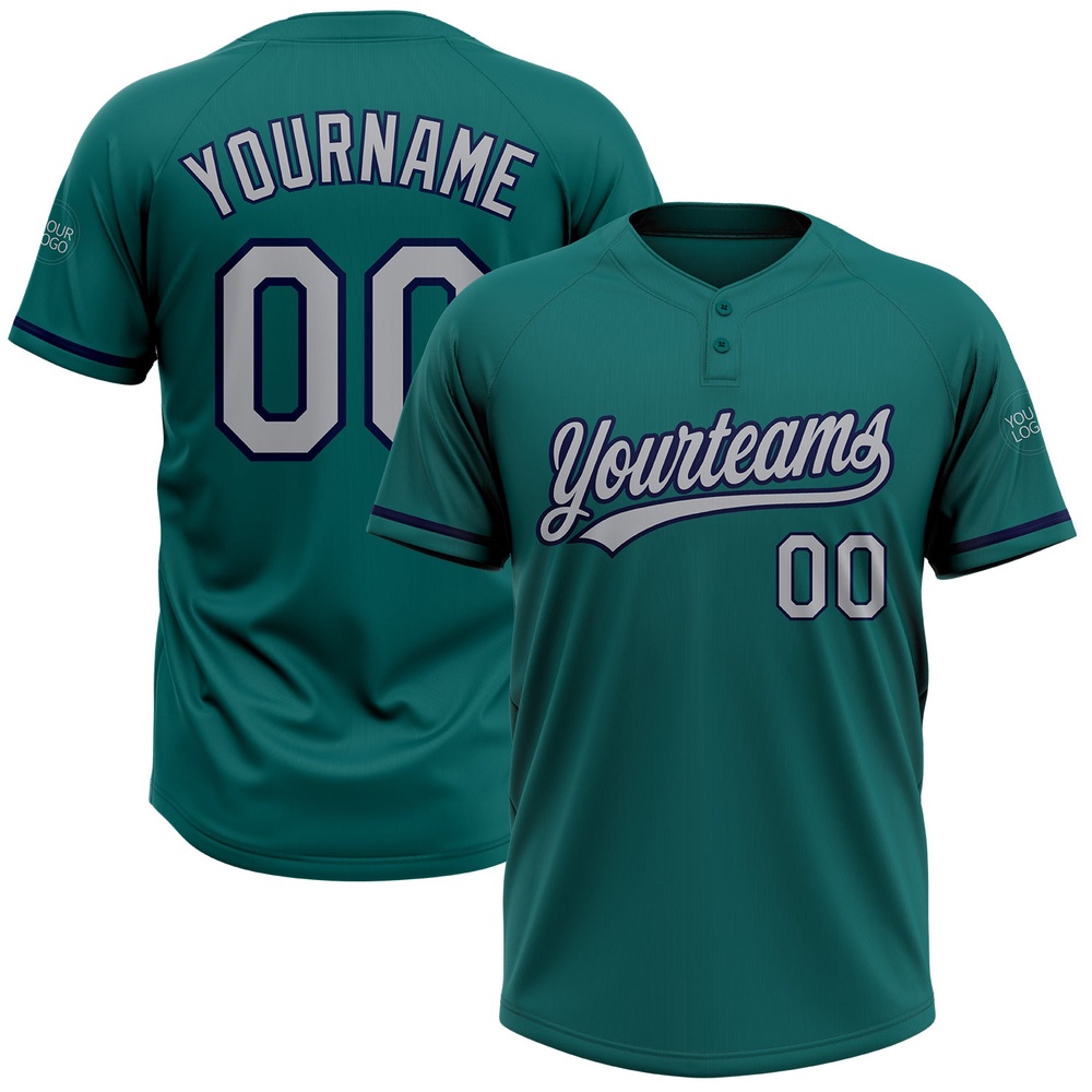 Teal Gray Navy Two Button Unisex Softball Jersey, Custom Team Softball Jersey