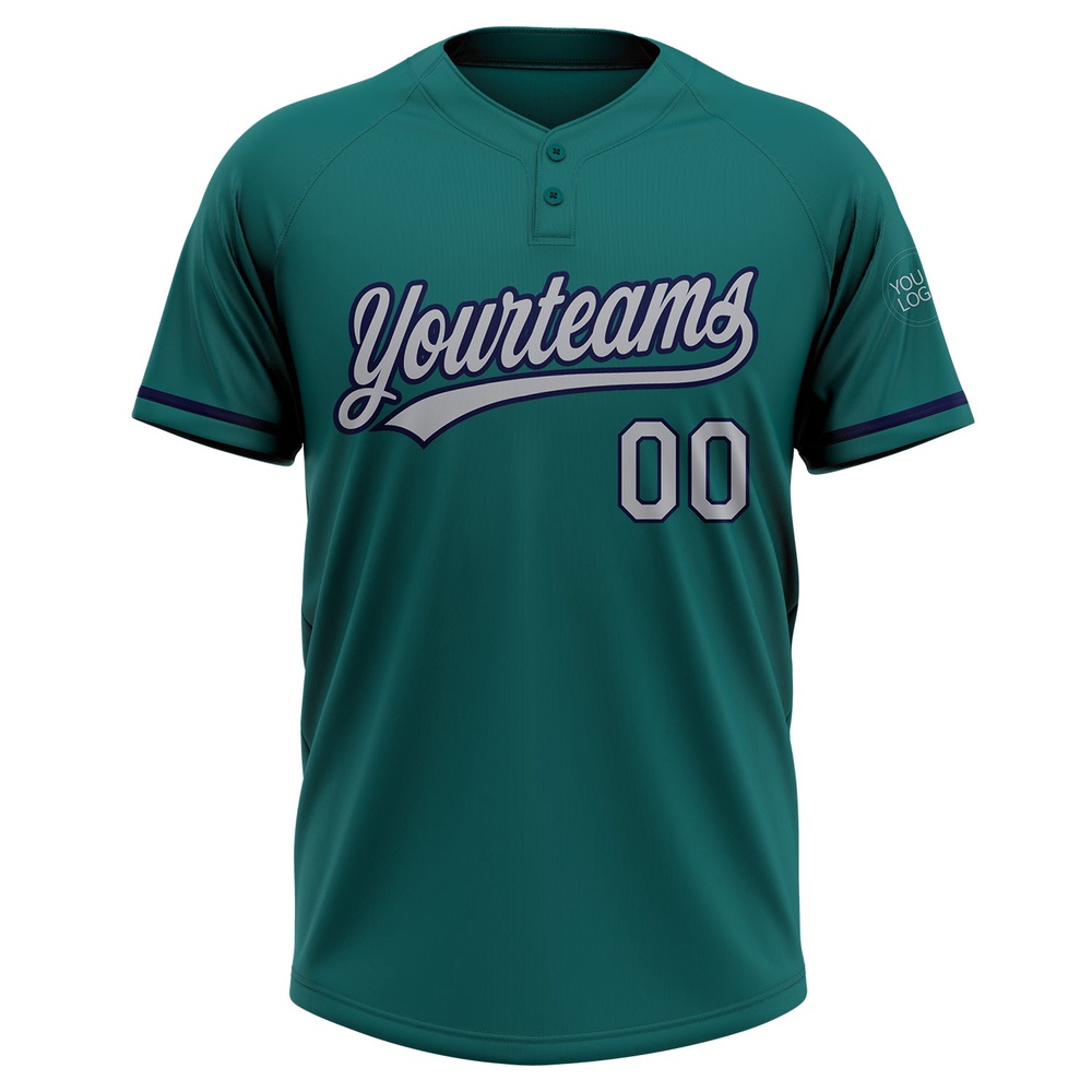 Teal Gray Navy Two Button Unisex Softball Jersey, Custom Team Softball Jersey