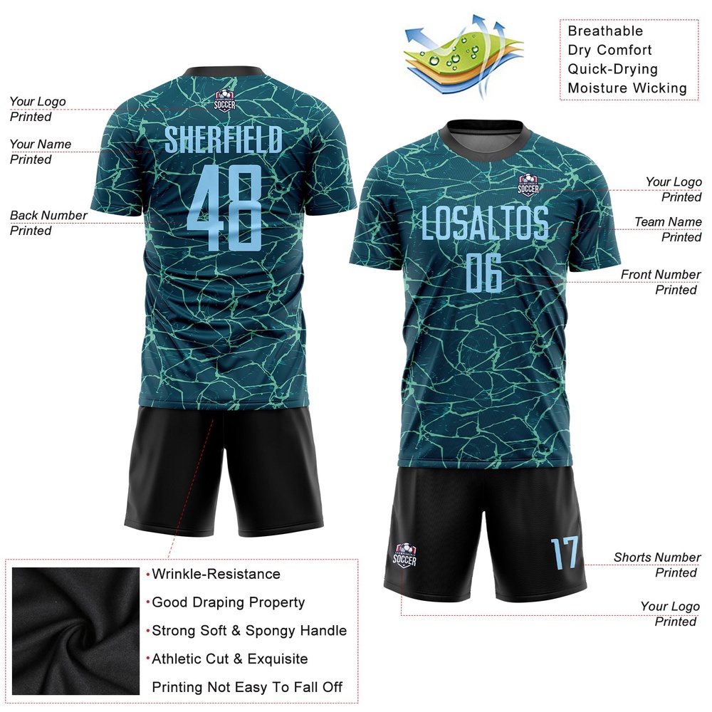 Teal Light Blue Black Sublimation Soccer Uniform Jersey, Custom Team Soccer Jersey Shirt