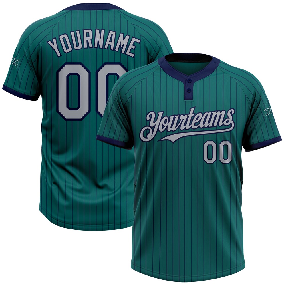 Teal Navy Pinstripe Gray Two Button Unisex Softball Jersey, Custom Team Softball Jersey