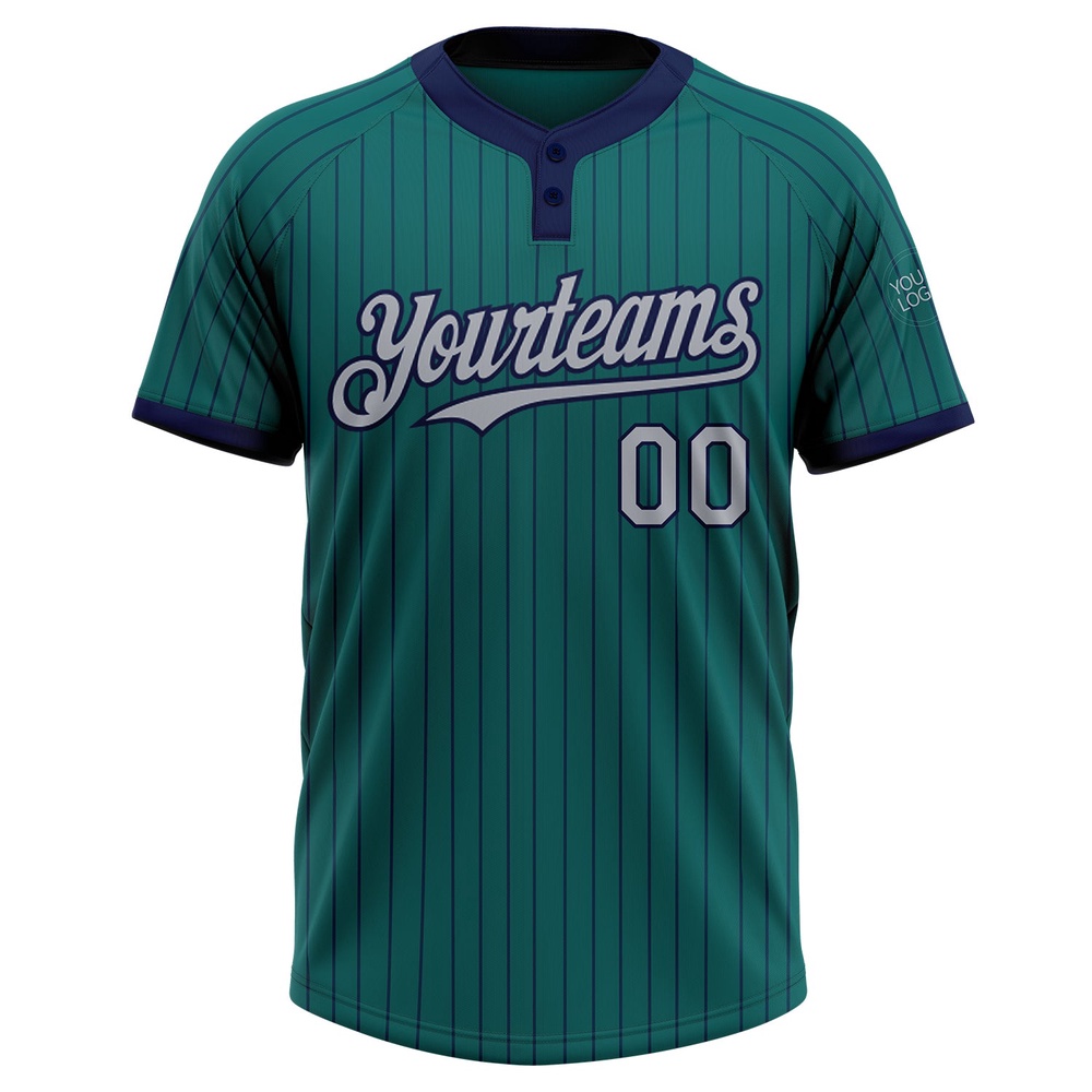 Teal Navy Pinstripe Gray Two Button Unisex Softball Jersey, Custom Team Softball Jersey