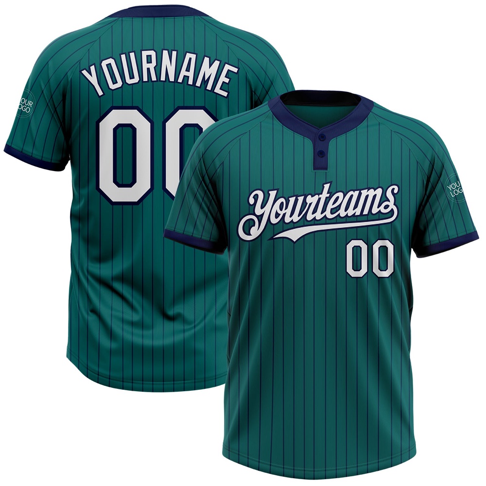 Teal Navy Pinstripe White Two Button Unisex Softball Jersey, Custom Team Softball Jersey