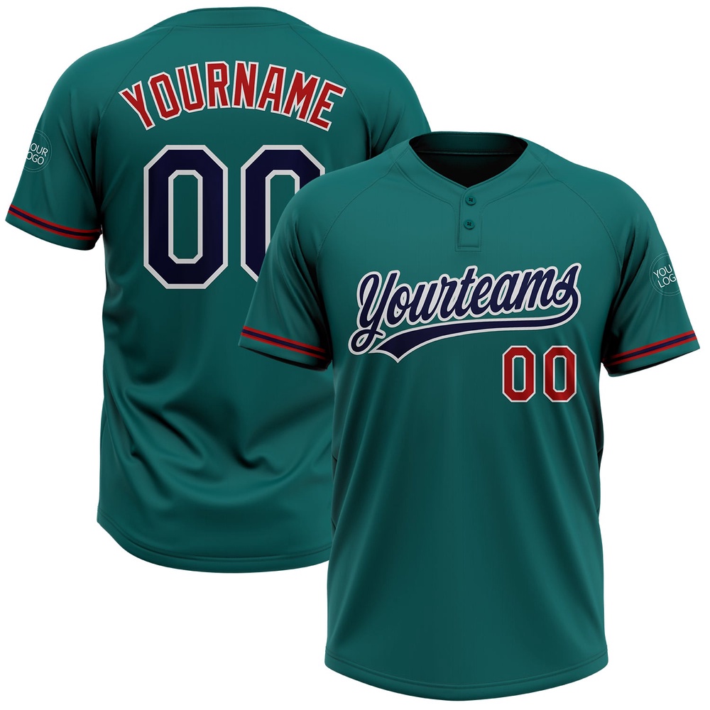 Teal Navy Red Two Button Unisex Softball Jersey, Custom Team Softball Jersey
