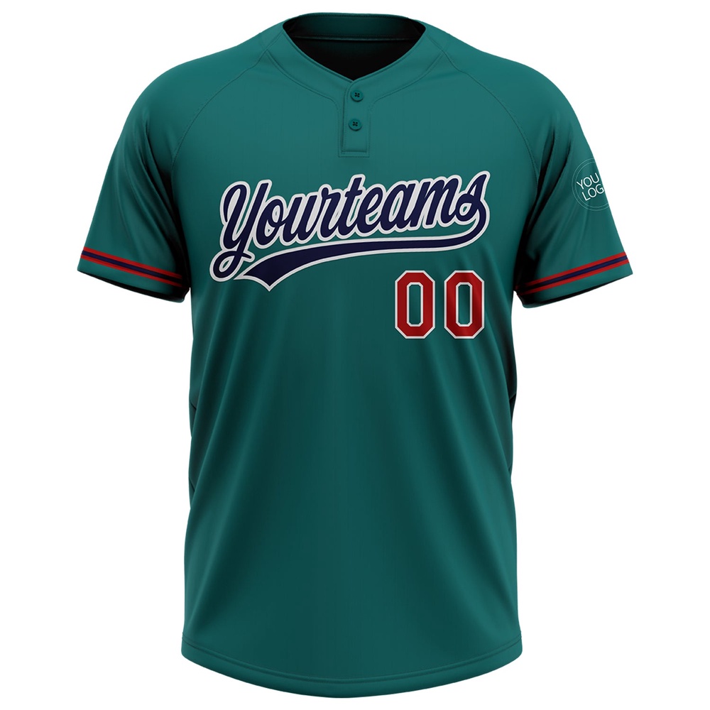 Teal Navy Red Two Button Unisex Softball Jersey, Custom Team Softball Jersey