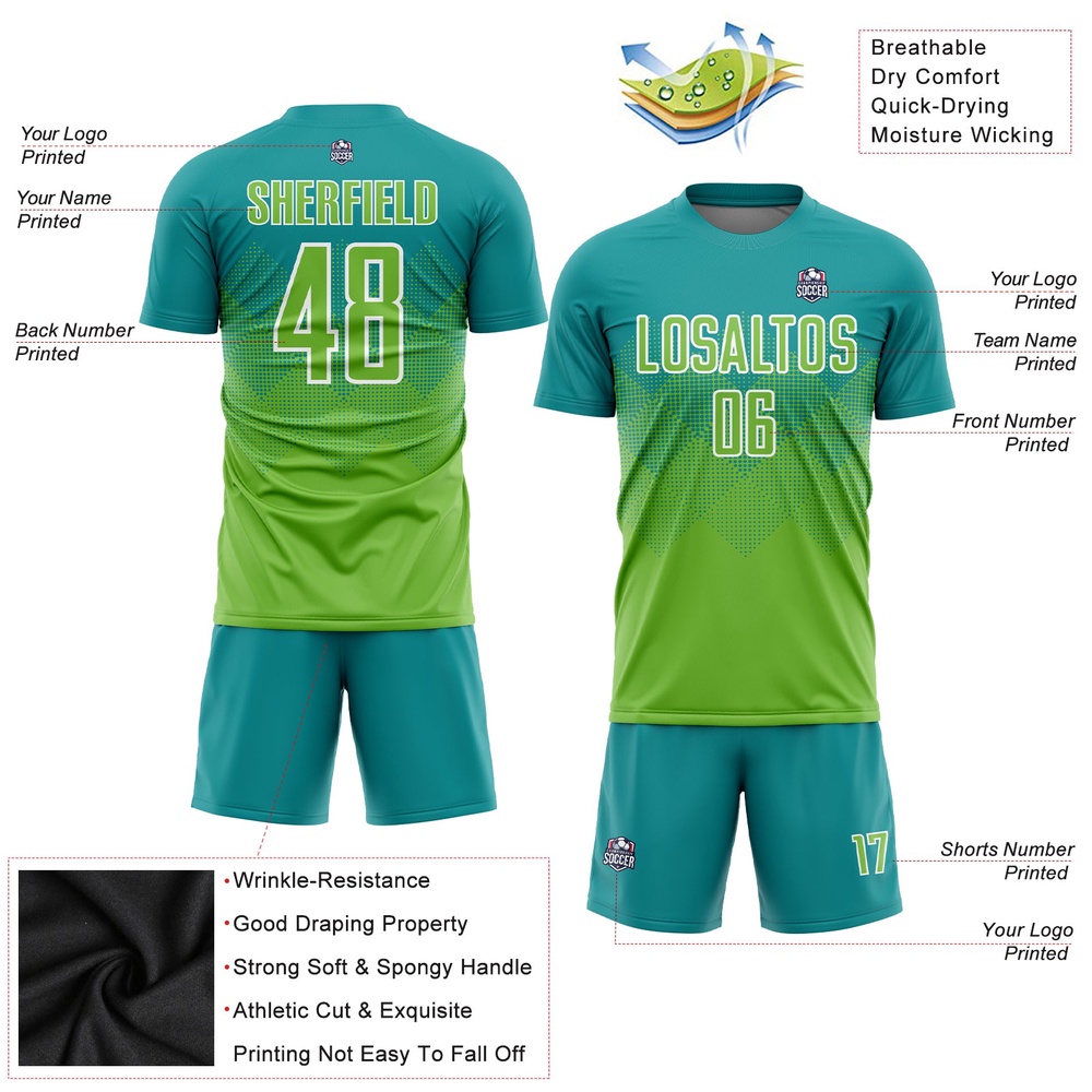 Teal Neon Green White Sublimation Soccer Uniform Jersey, Custom Team Soccer Jersey Shirt