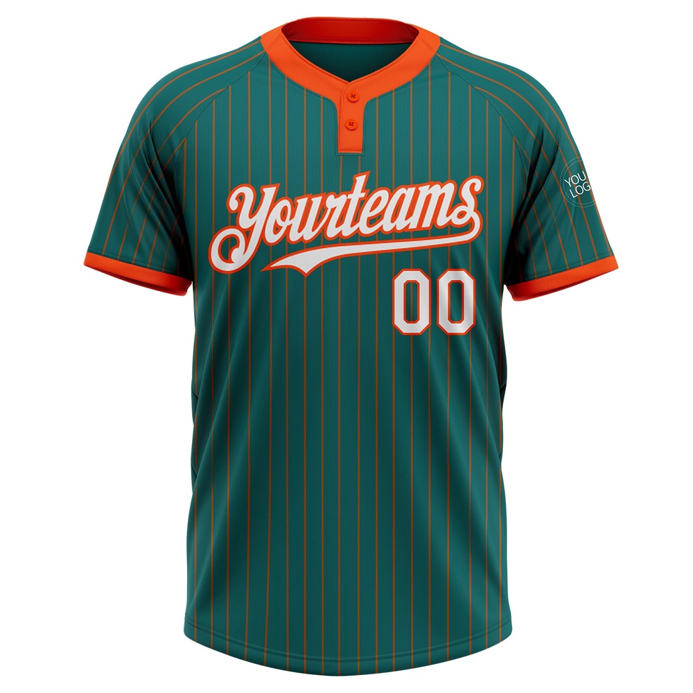 Teal Orange Pinstripe White Two Button Unisex Softball Jersey, Custom Team Softball Jersey