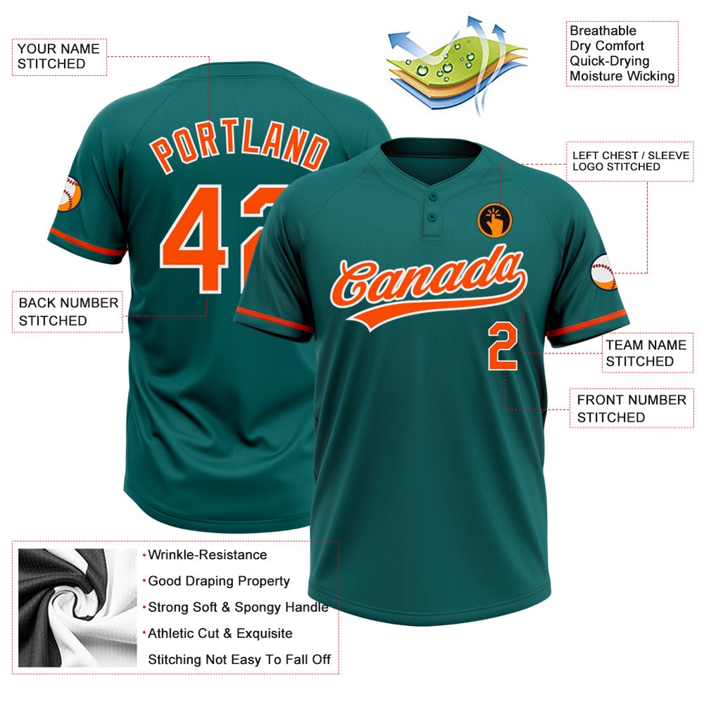 Teal Orange White Two Button Unisex Softball Jersey, Custom Team Softball Jersey