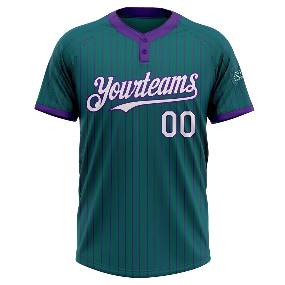 Teal Purple Pinstripe White Two Button Unisex Softball Jersey, Custom Team Softball Jersey