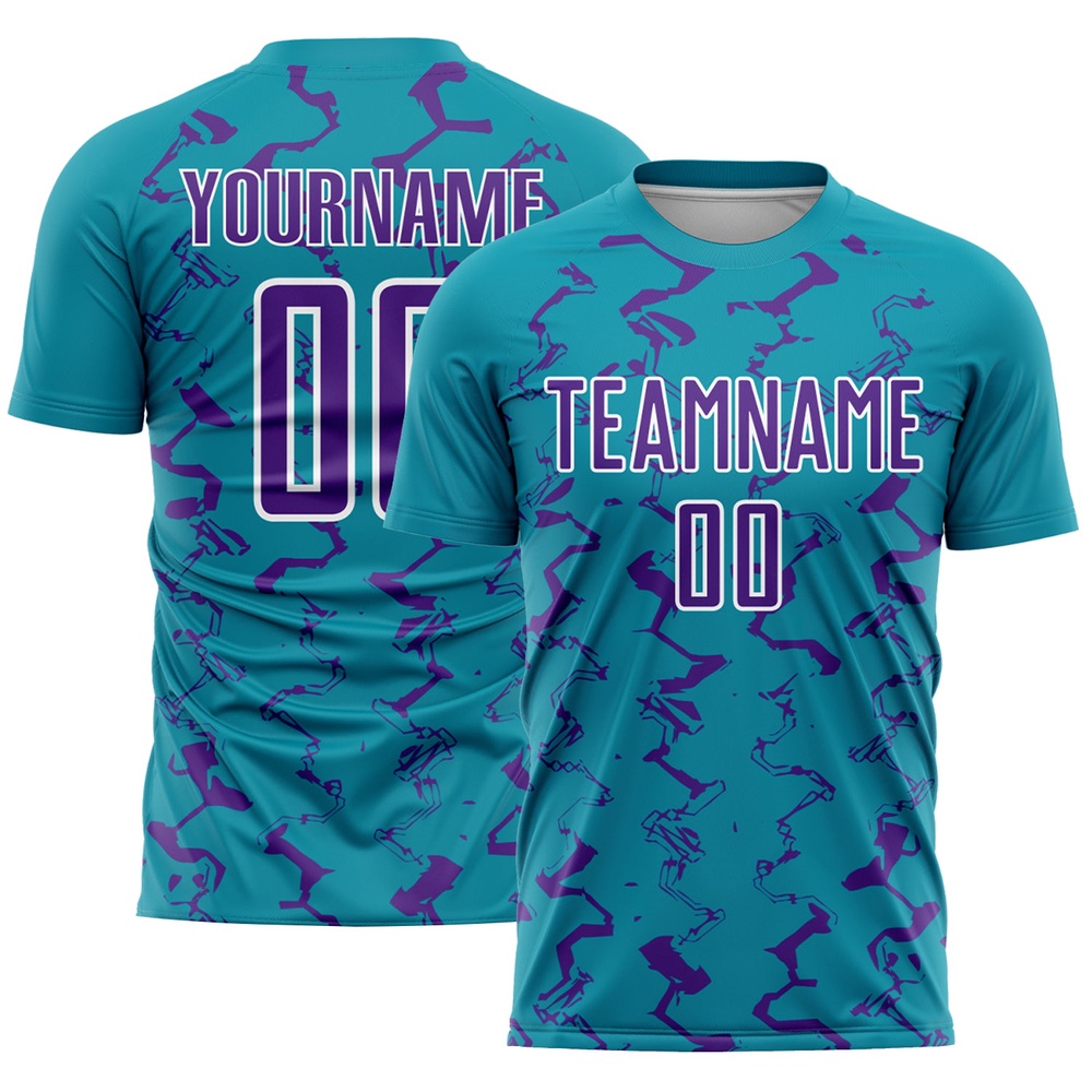 Teal Purple White Abstract Lines Sublimation Soccer Uniform Jersey, Custom Team Soccer Jersey Shirt