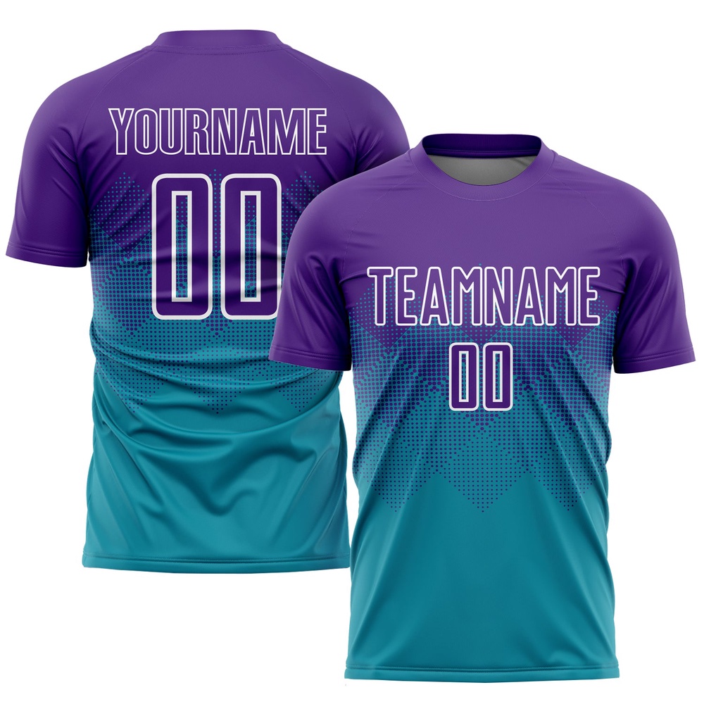 Teal Purple White Sublimation Soccer Uniform Jersey, Custom Team Soccer Jersey Shirt