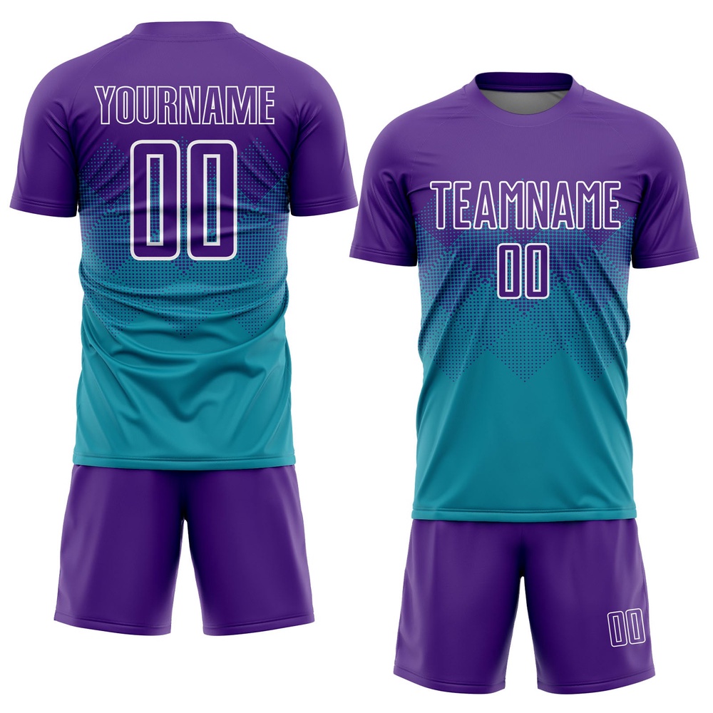 Teal Purple White Sublimation Soccer Uniform Jersey, Custom Team Soccer Jersey Shirt