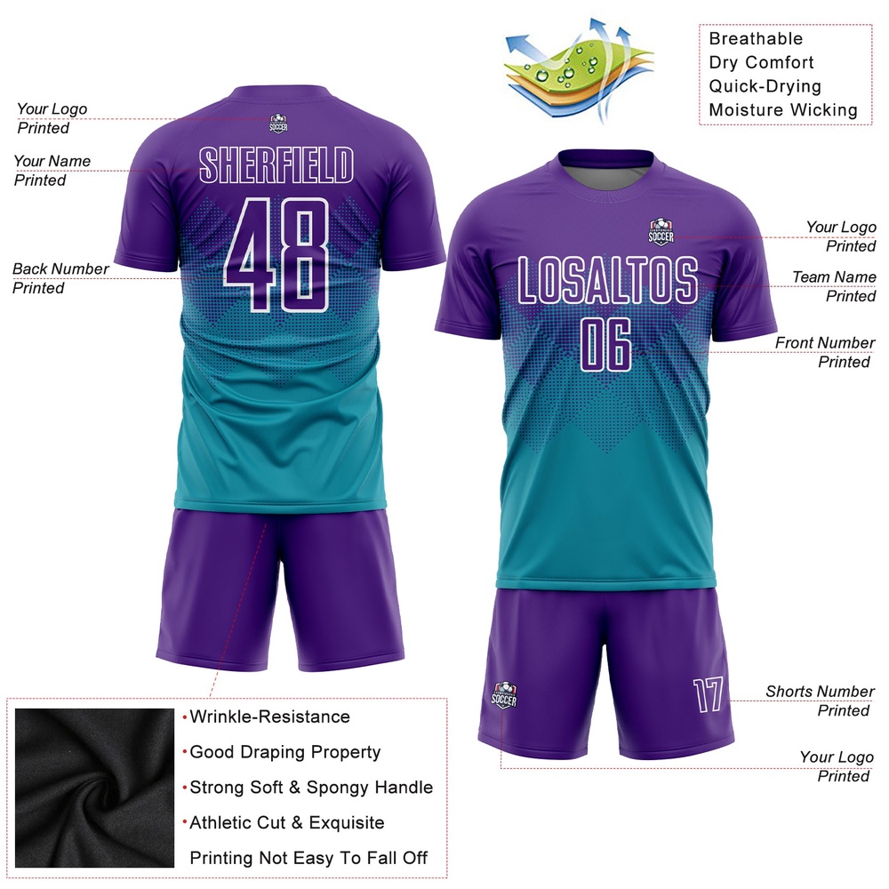 Teal Purple White Sublimation Soccer Uniform Jersey, Custom Team Soccer Jersey Shirt