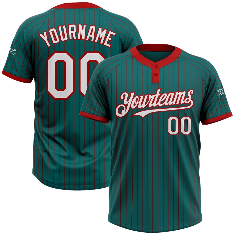 Teal Red Pinstripe White Two Button Unisex Softball Jersey, Custom Team Softball Jersey